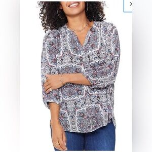 NYDJ Three Quarter Sleeve Printed Pintucked Back Blouse Kingsbury Paisley Xs